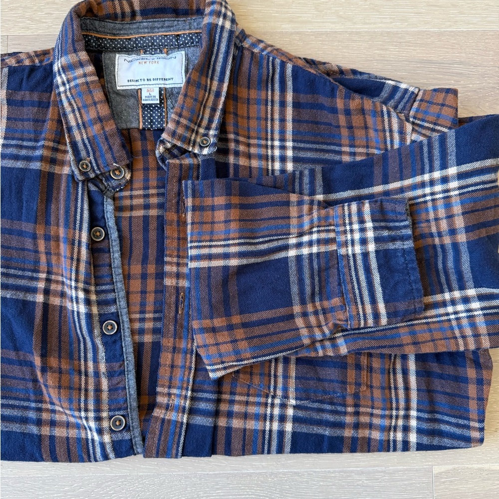 Men's Navy and Brown Plaid Button-Down Shirt